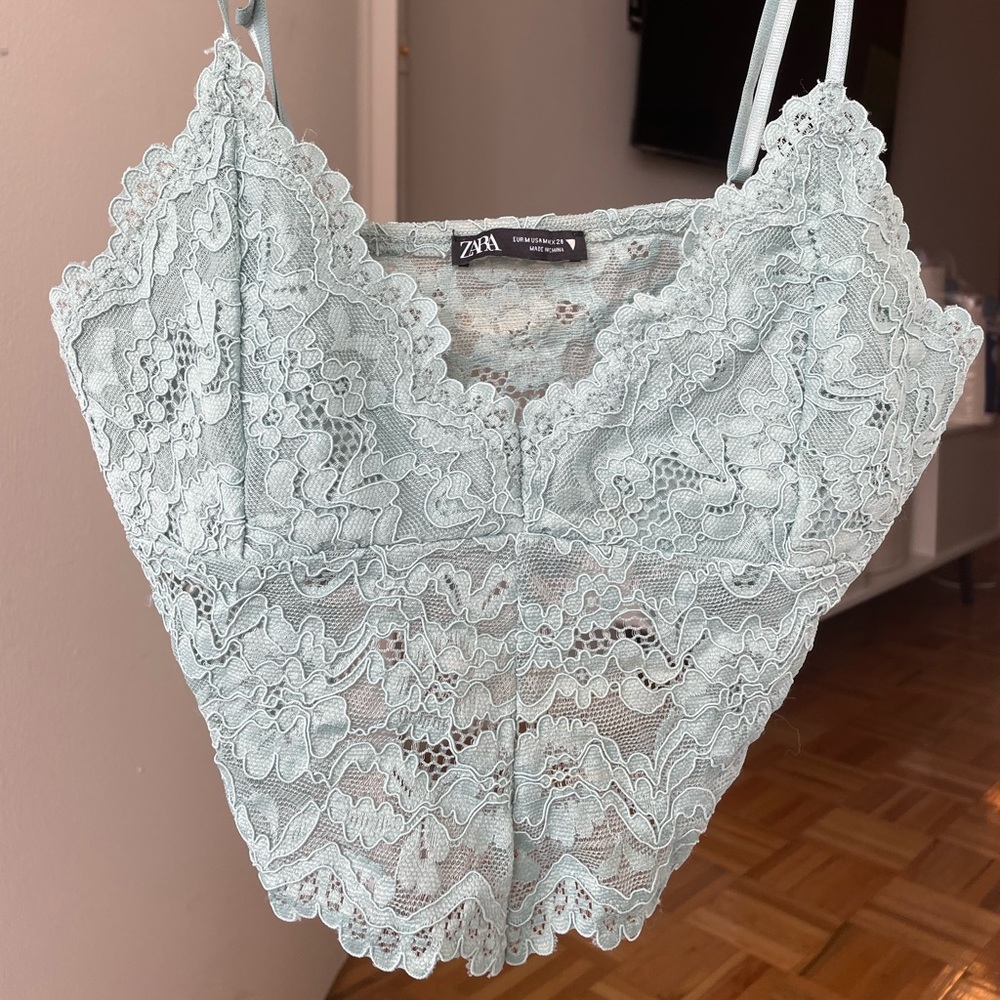 Zara mint green stretchy lace cropped cami